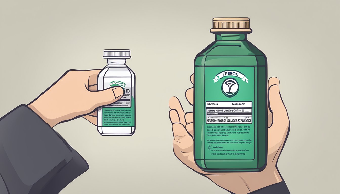 A person holding a bottle of Ferro Sanol Duodenal, reading the label for safe usage and considerations