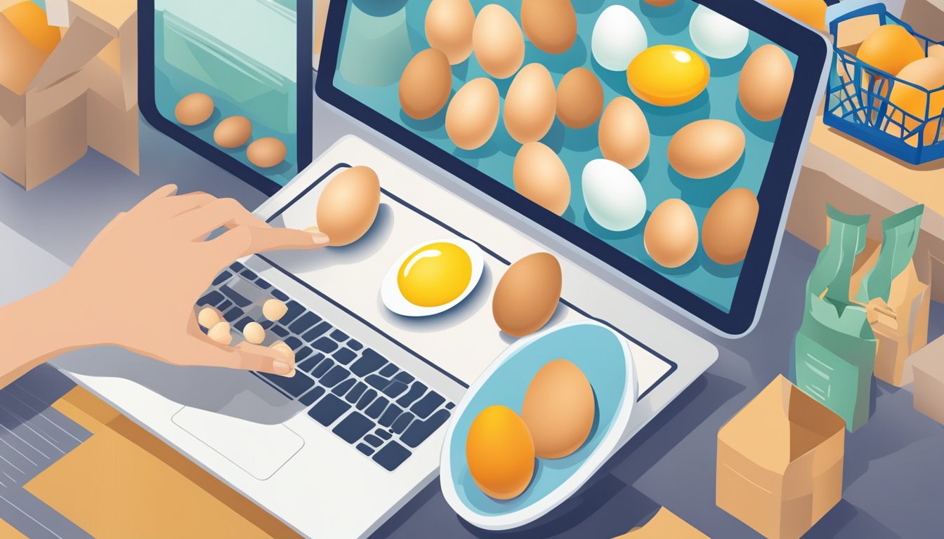 A hand reaches for a carton of eggs from a computer screen displaying an online grocery store