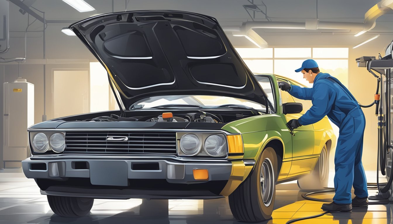 A mechanic pours fresh engine oil into a car's open hood, ensuring proper maintenance for the vehicle's engine health