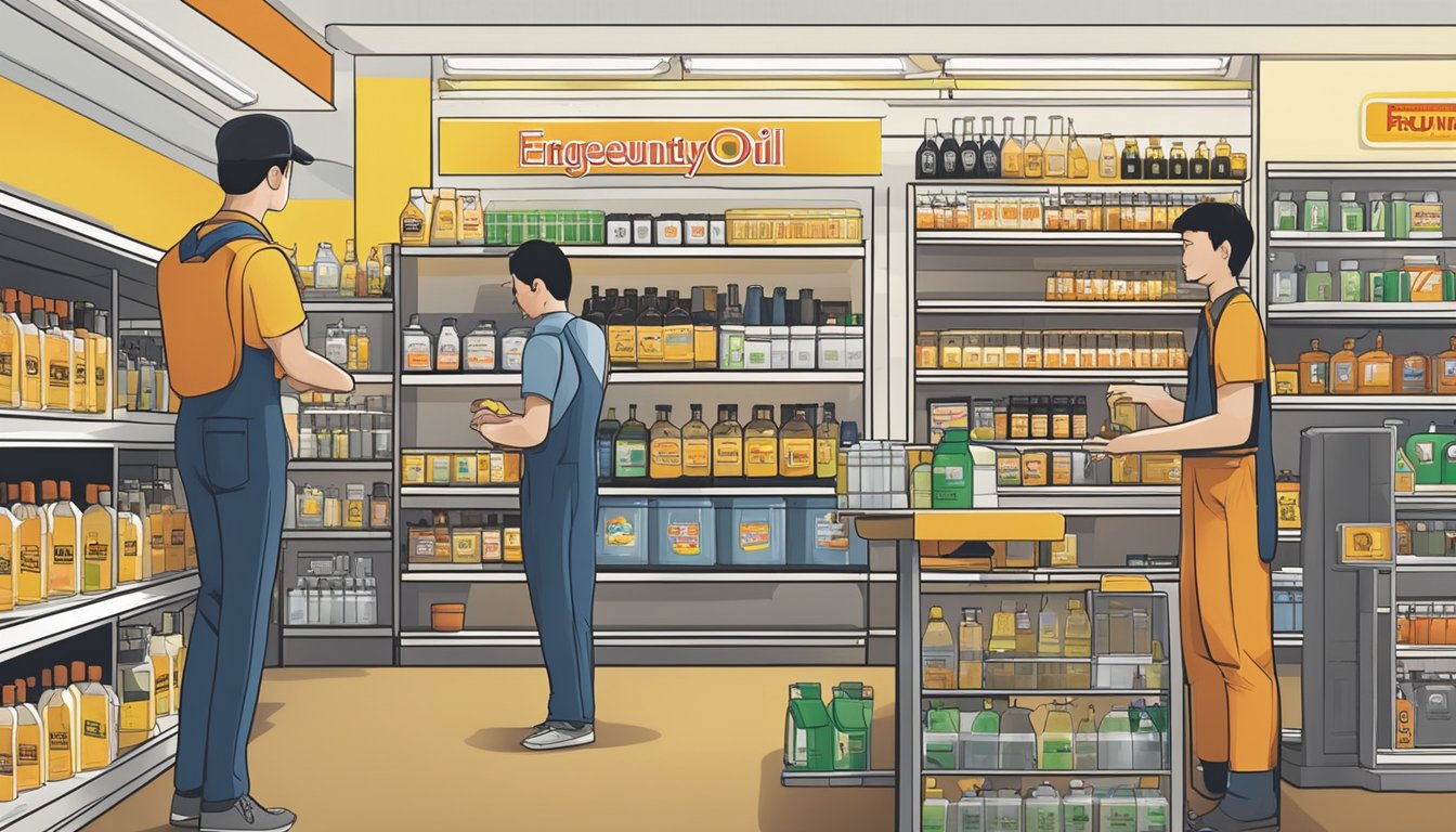 Customers browsing shelves of engine oil in a Singapore store, with a prominent "Frequently Asked Questions" sign