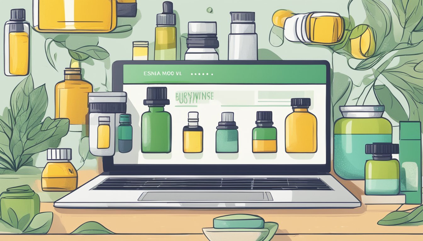 A laptop displaying a website with various bottles of essential oils and a "buy now" button