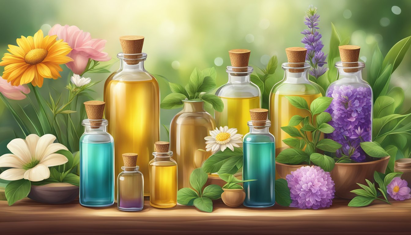 A table with various bottles of pure essential oils, surrounded by colorful flowers and plants. A soft glow illuminates the scene, highlighting the natural beauty of the oils