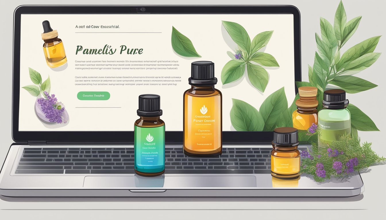 A laptop displaying a variety of pure essential oils with detailed descriptions and customer reviews. A secure payment page is visible, indicating a safe and informed purchase