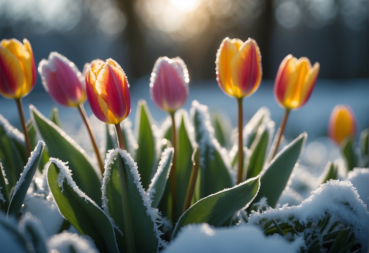 Vibrant tulips peek through a blanket of frost, their delicate petals glistening in the cold