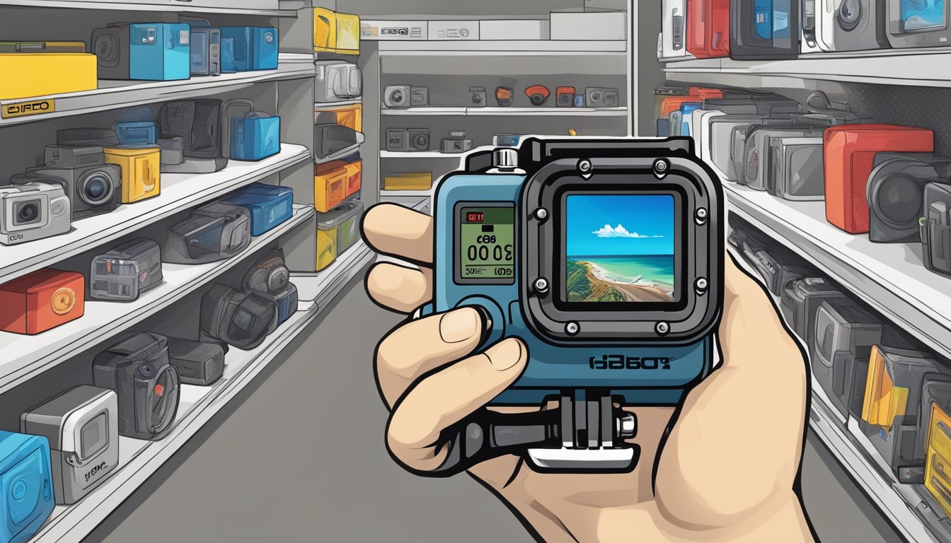 A hand reaches for a GoPro camera on a store shelf, surrounded by various GoPro accessories and a "best buy" sign