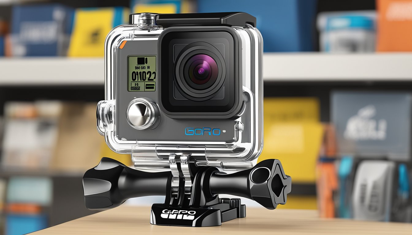 A GoPro camera displayed on a shelf at Best Buy with a sign reading "Frequently Asked Questions" next to it