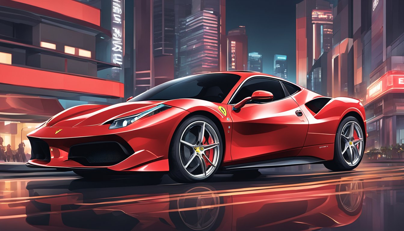 A sleek red Ferrari speeds through the streets of Singapore, reflecting the city lights in its polished exterior