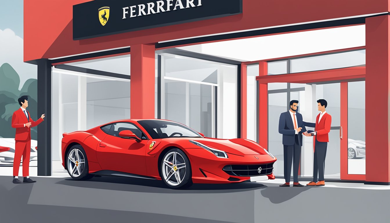 A sleek red Ferrari parked in front of a luxury car dealership in Singapore, with a salesperson handing over the keys to a customer