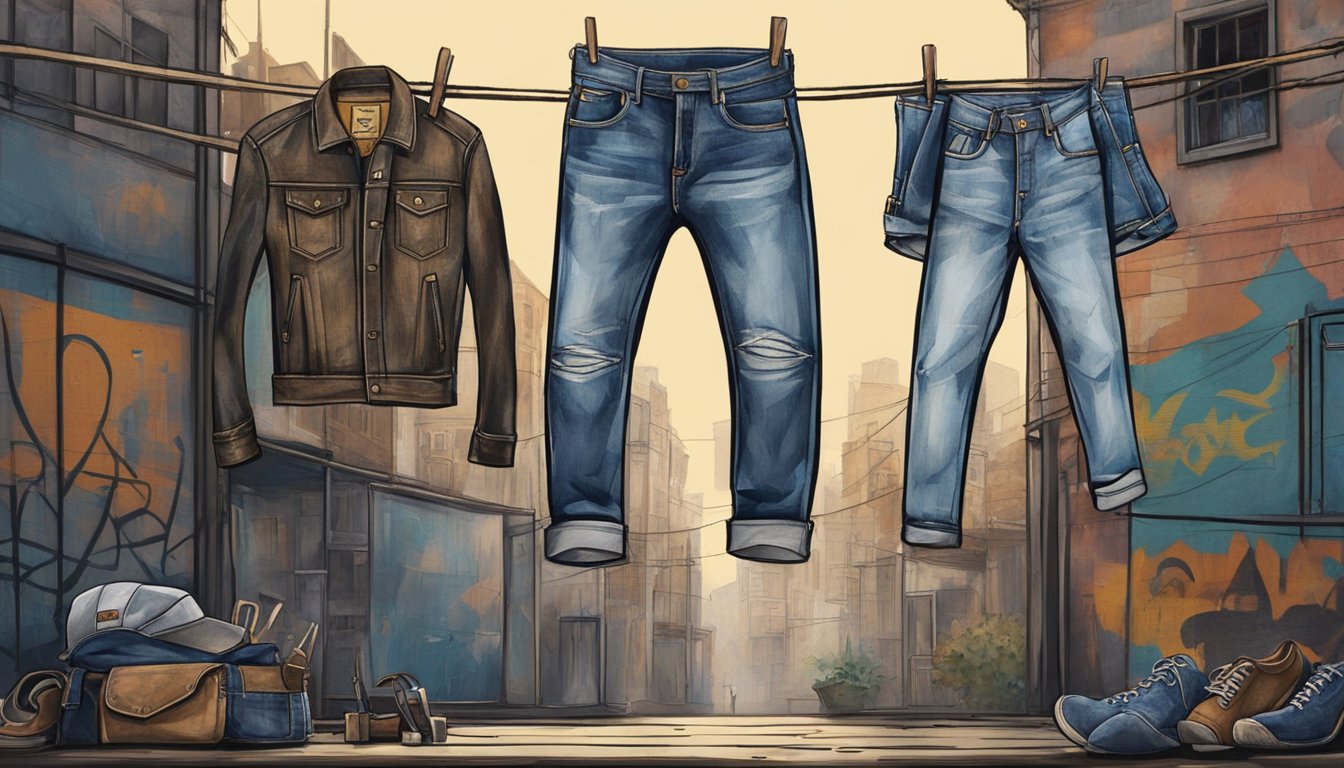 A pair of Evisu jeans hangs on a rustic wooden clothesline, surrounded by vintage denim jackets and a worn leather belt. The scene is set against a backdrop of urban graffiti and street art