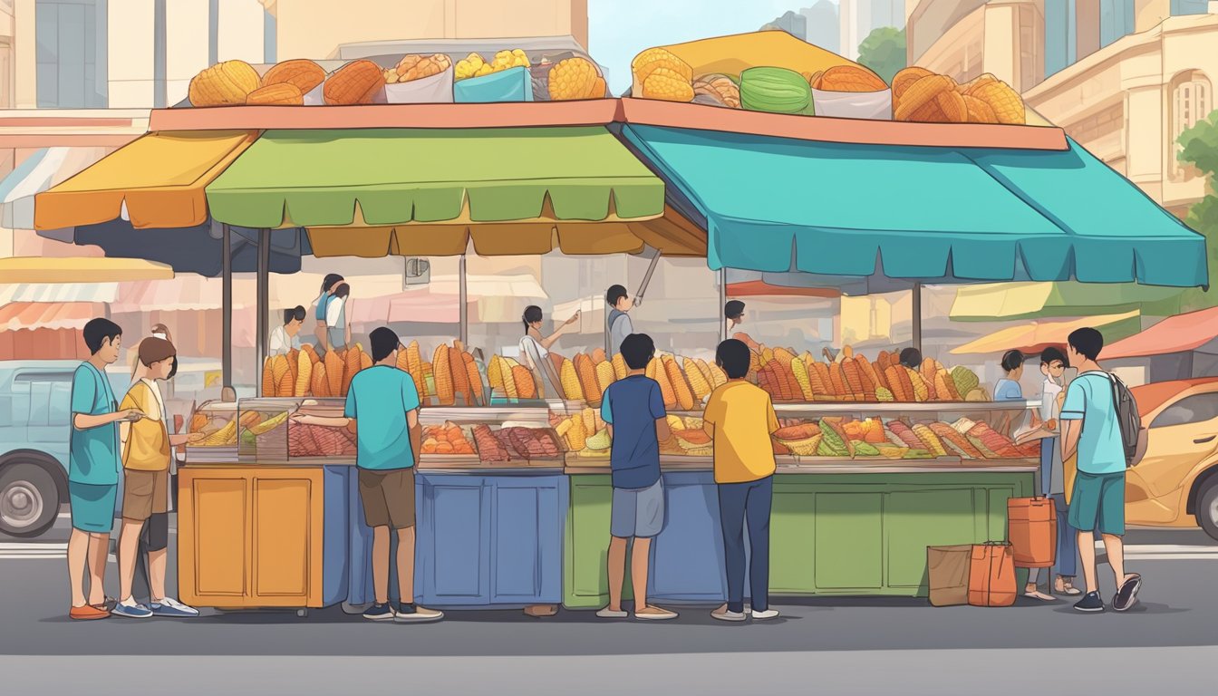 A bustling street market with a colorful food stall selling corn dogs in Singapore. Customers line up, pointing and ordering from the vendor
