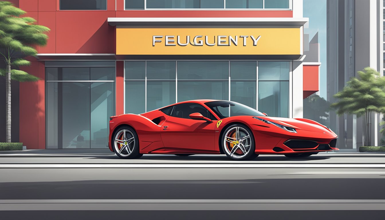 A sleek red Ferrari parked in front of a luxury car dealership in Singapore, with a sign reading "Frequently Asked Questions" prominently displayed