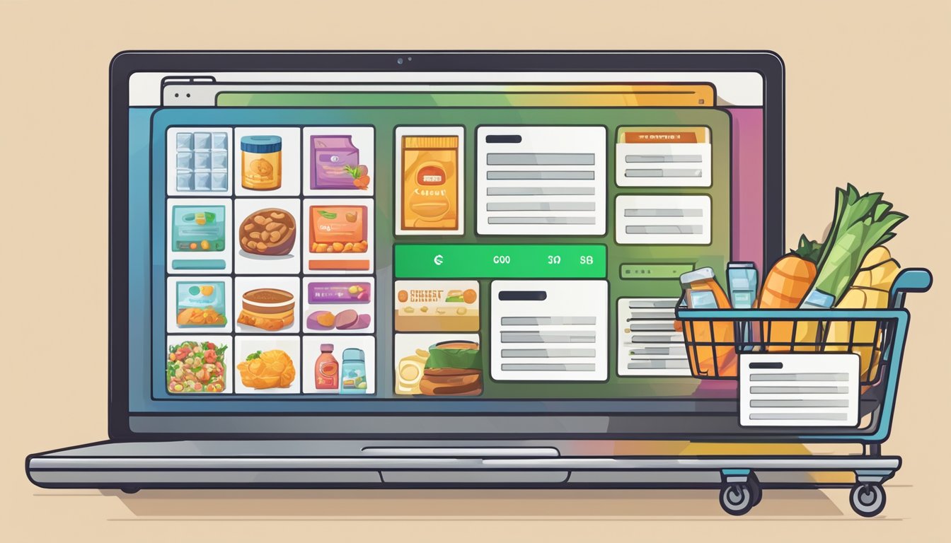 A laptop displaying a variety of food products on an online shopping website, with a cart icon and payment details visible