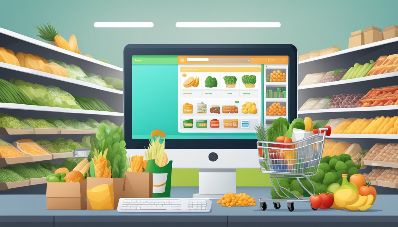 A computer screen displaying an online grocery store with various food products and a shopping cart icon