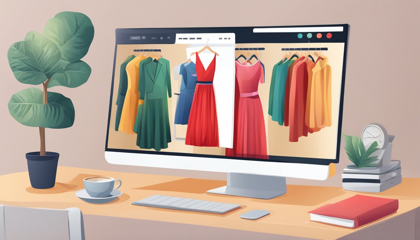 A computer screen displaying a red dress on an online shopping website with a "buy now" button