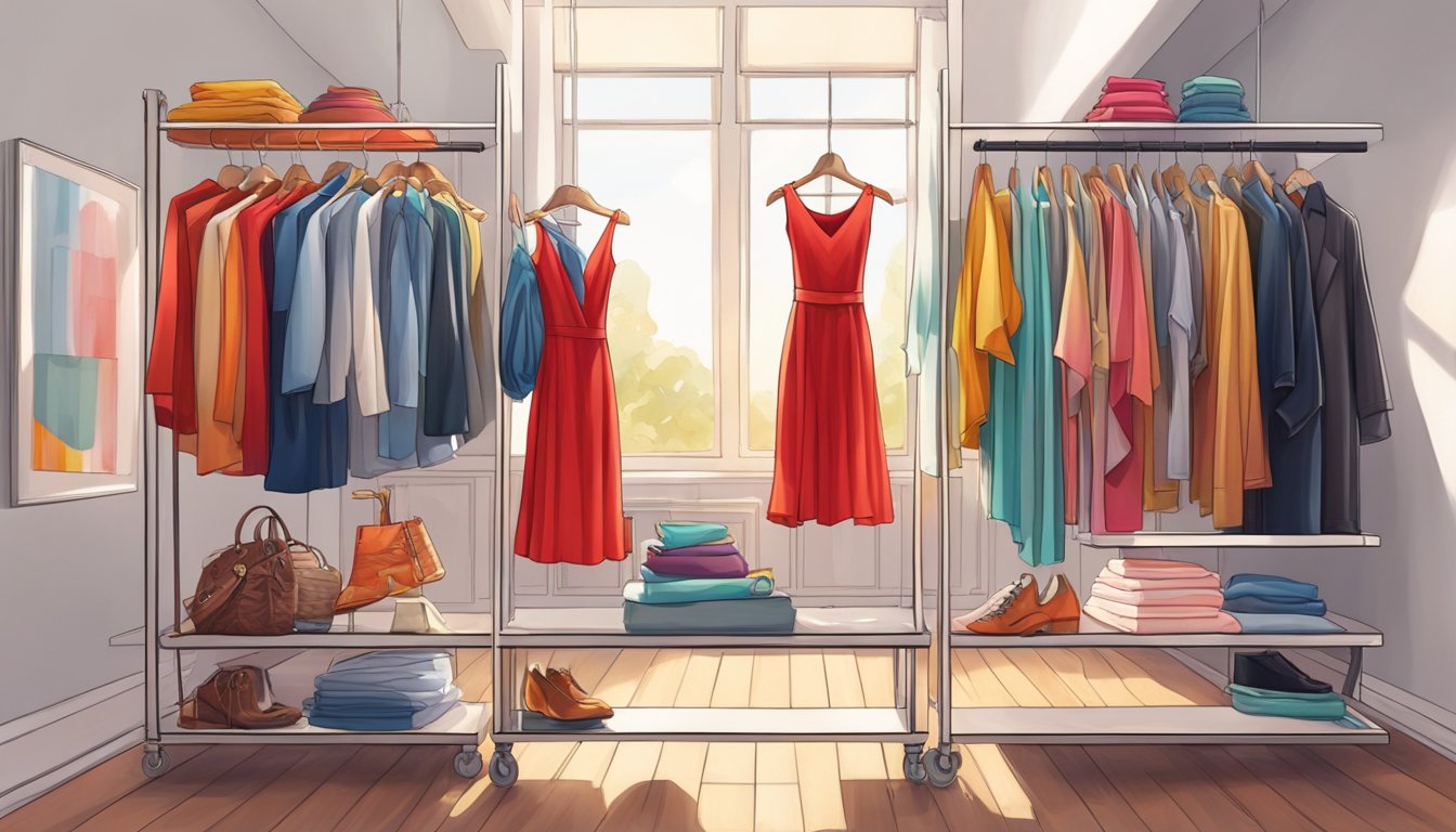 A red dress hanging on a sleek, modern clothing rack, surrounded by other colorful garments. The fabric is rich and vibrant, catching the light