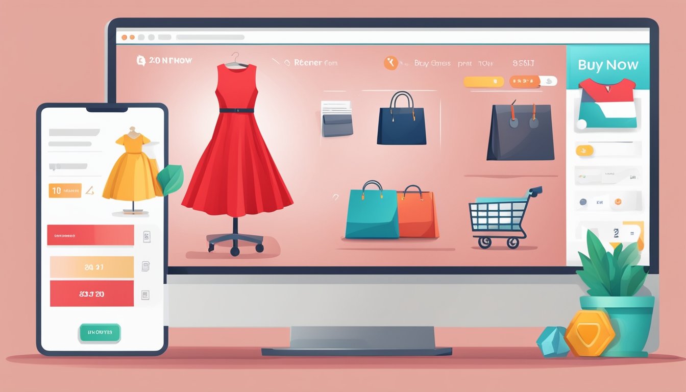 A computer screen displaying a red dress on an online shopping website, with a "buy now" button and a secure payment icon