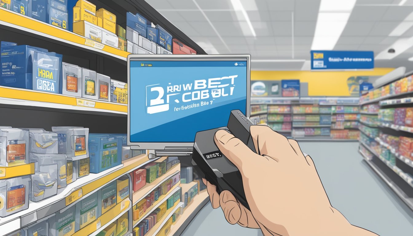 A hand reaches for a HDMI to RCA adapter on a store shelf. The packaging prominently displays "best buy" and "choosing the right" messaging