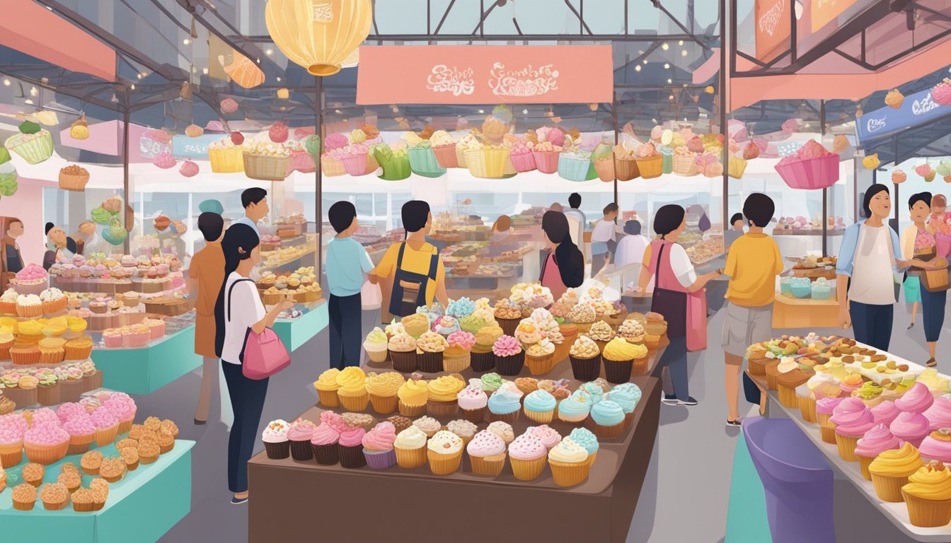 A bustling marketplace with colorful displays of cupcake stands in Singapore. Vendors showcase various designs and sizes, attracting customers with the sweet aroma of baked goods