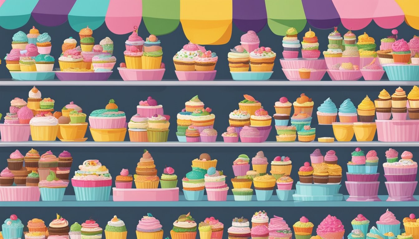 A colorful display of cupcake stands in a bustling market in Singapore, with vendors showcasing various designs and sizes