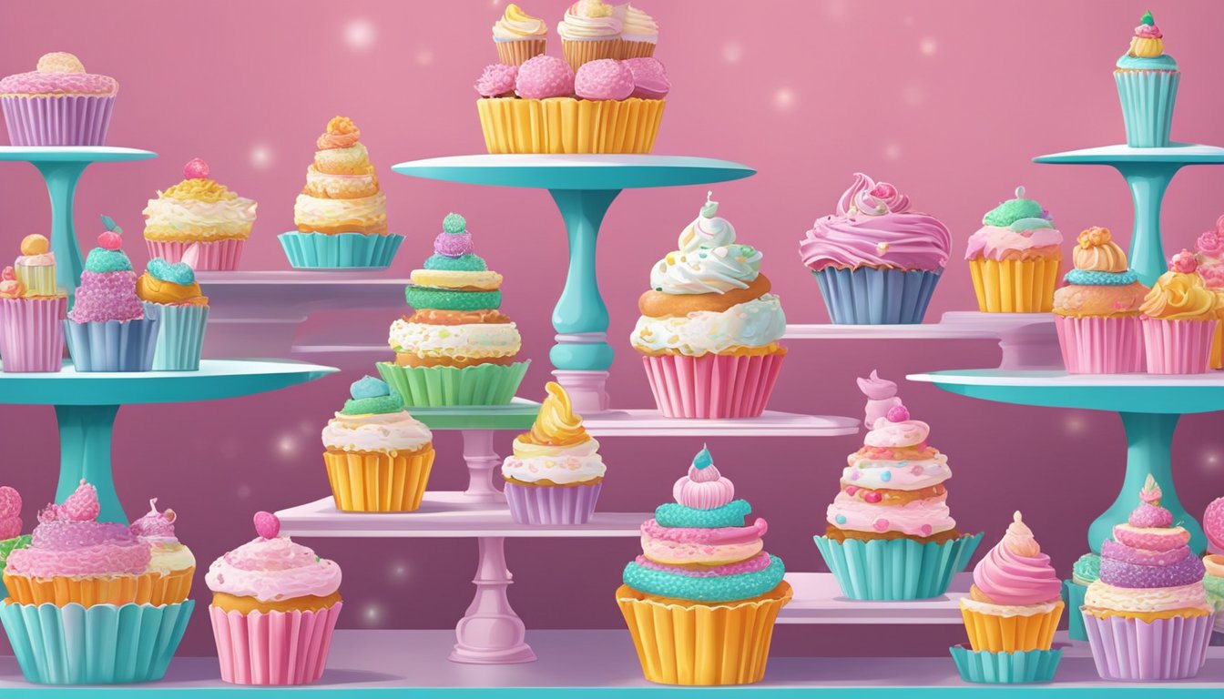 A display of colorful cupcake stands in a bakery shop, with various designs and sizes to choose from. Bright lighting highlights the intricate details of each stand, creating a visually appealing scene