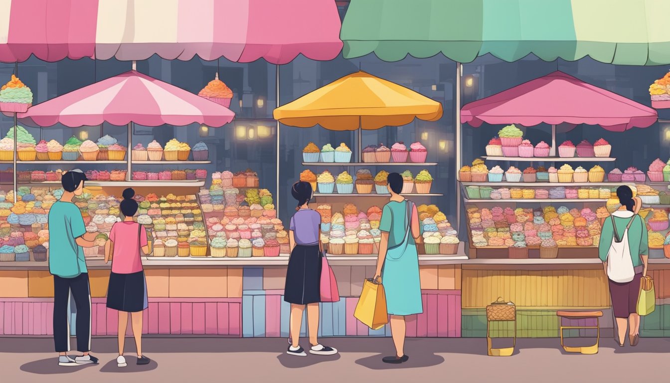 A bustling market with various vendors selling colorful cupcake stands in Singapore. Shoppers browse and ask questions about the products