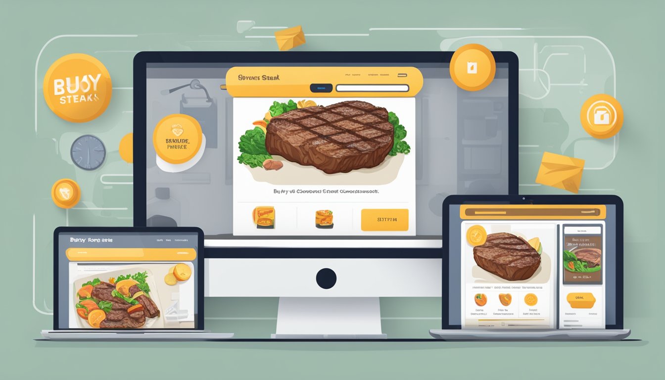 A computer screen displaying a website with a "buy ribeye steak online" button, surrounded by images of juicy steaks and a secure checkout option