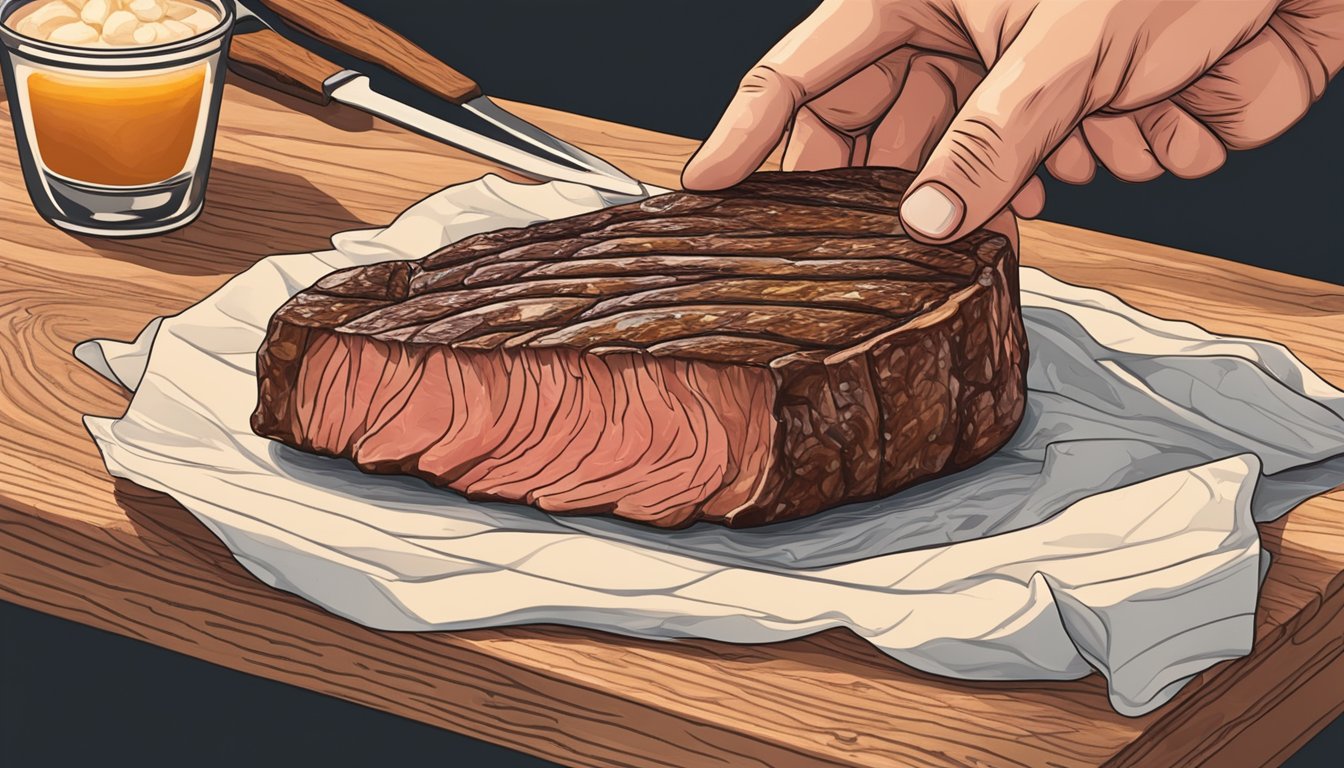 A hand reaches for a marbled ribeye steak, displayed on a butcher's block. The steak is glistening with marbling and the perfect thickness for grilling