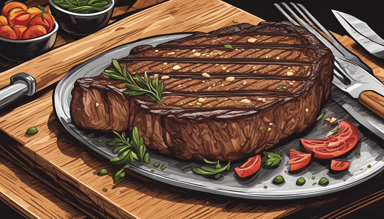 A ribeye steak sizzles on a hot grill, emitting a mouthwatering aroma. A chef's knife cuts into the juicy, perfectly cooked meat as it rests on a wooden cutting board. A fork and knife are poised nearby, ready to