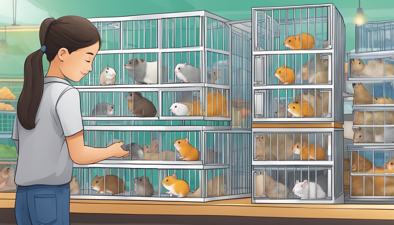 A person selects a hamster from a variety of cages at a pet store in Singapore
