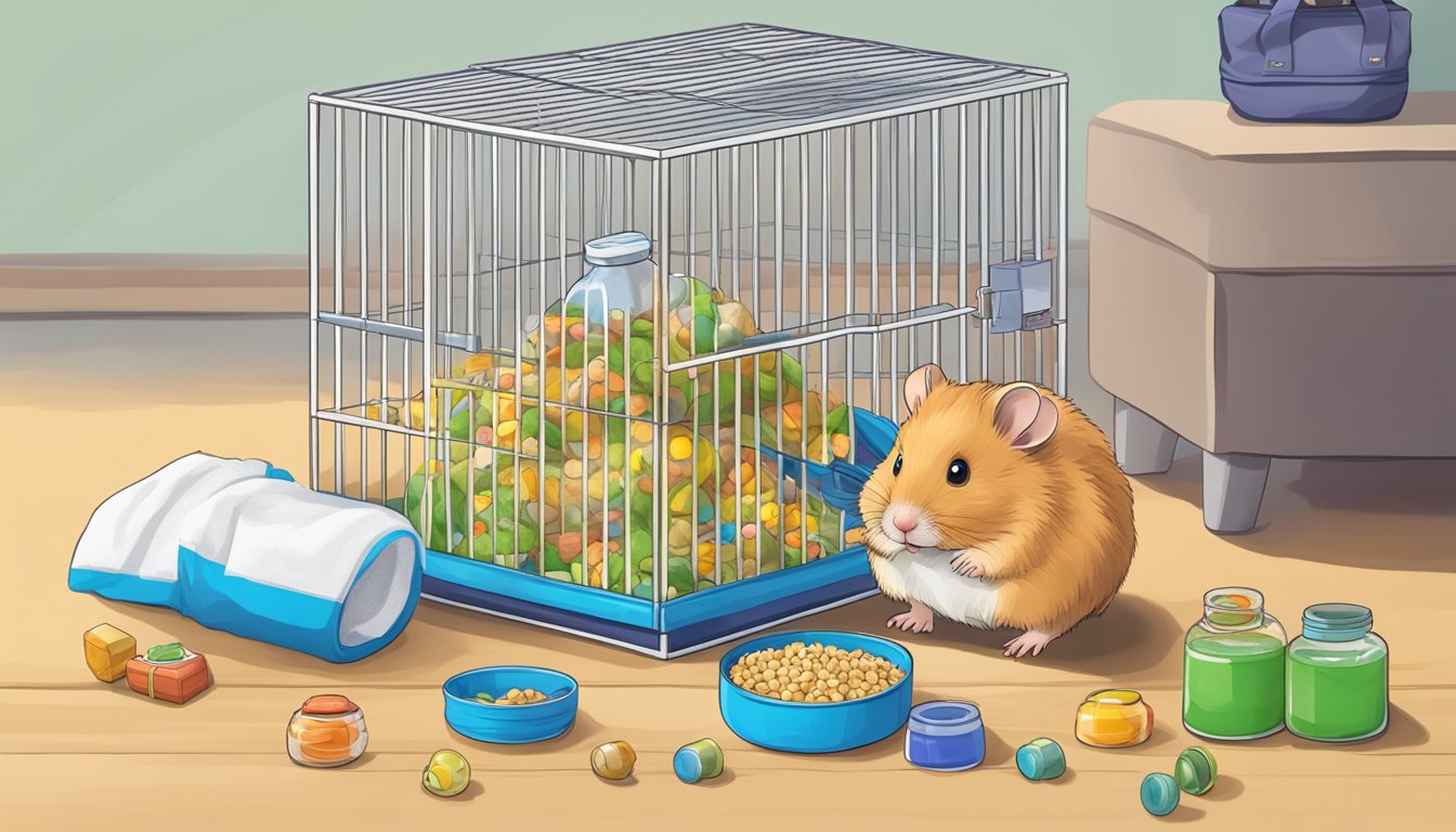 A hamster cage with bedding, food dish, water bottle, and exercise wheel. A bag of hamster food and some chew toys nearby