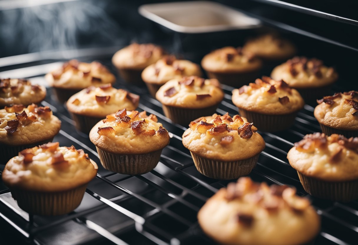 Maple bacon muffins being baked in the oven, with a golden brown crust and a sweet aroma filling the kitchen