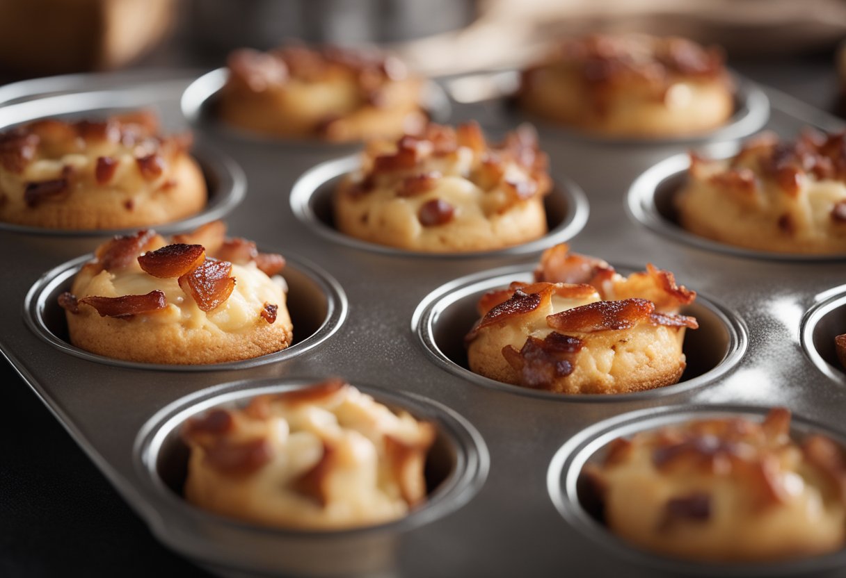 A muffin tin filled with freshly baked maple bacon muffins cooling on a wire rack. A bowl of glaze sits nearby, ready to be drizzled over the warm muffins
