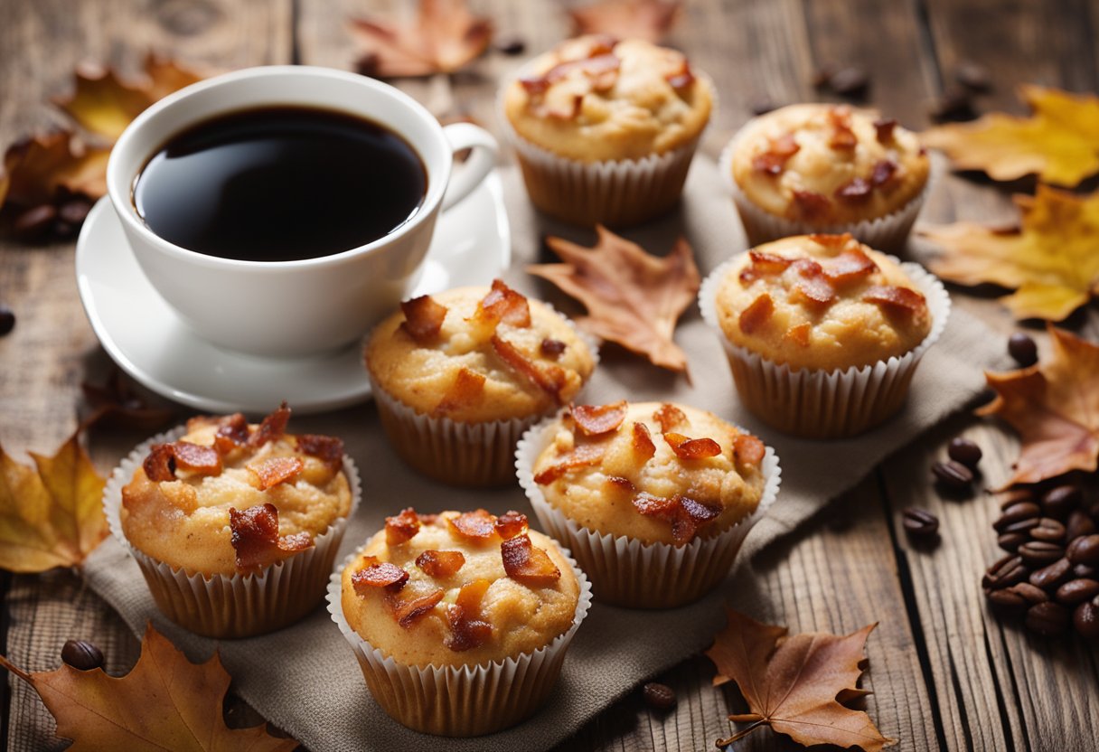 A plate of freshly baked maple bacon muffins sits on a rustic wooden table, surrounded by scattered maple leaves and a steaming cup of coffee