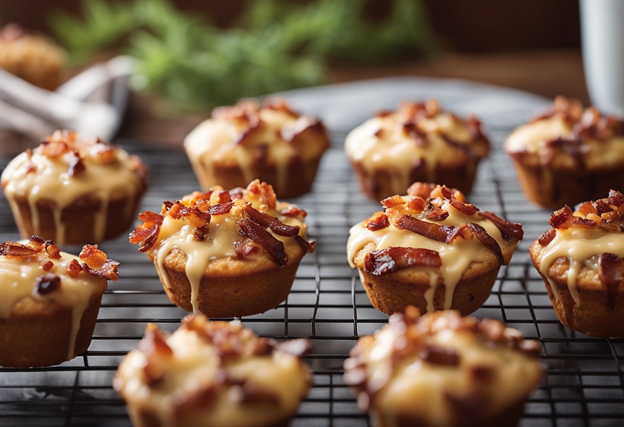 Maple bacon muffins cooling on a wire rack, drizzled with glaze and topped with crispy bacon bits. A cozy kitchen with a warm, inviting atmosphere