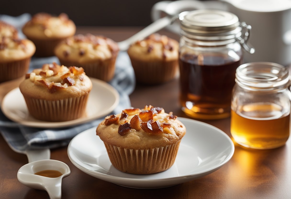 A plate of maple bacon muffins surrounded by a stack of recipe cards and a jar of maple syrup