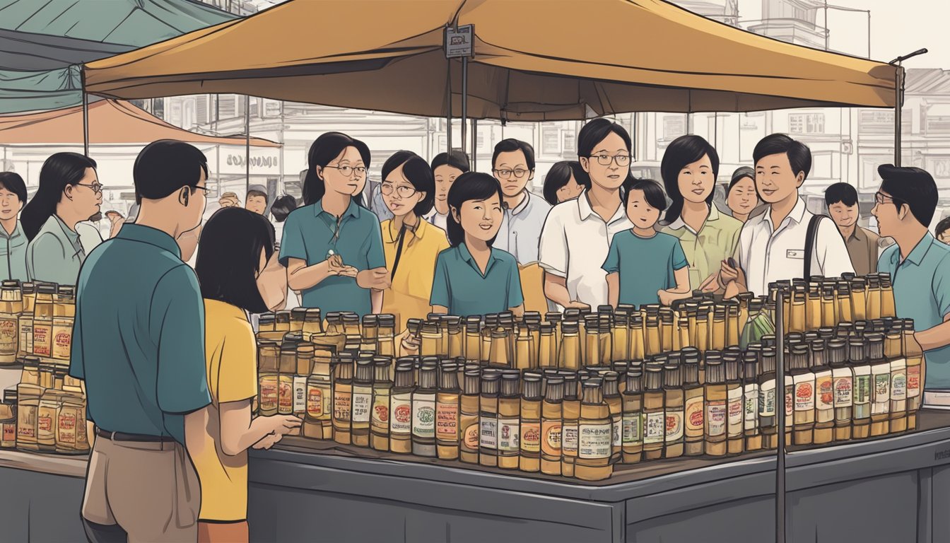 A crowded Singapore market stall sells Eagle Brand medicated oil. Shoppers inquire about the product, while the vendor answers their questions