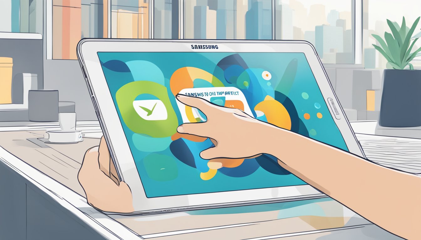 A hand reaches out to touch a sleek Samsung tablet, displayed against a modern backdrop with the words "Discover Your Perfect Samsung Tablet" prominently featured