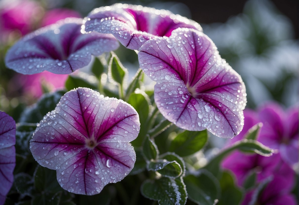 Petunias endure frost, their delicate petals coated in icy crystals, as the cold air bites at their vibrant colors