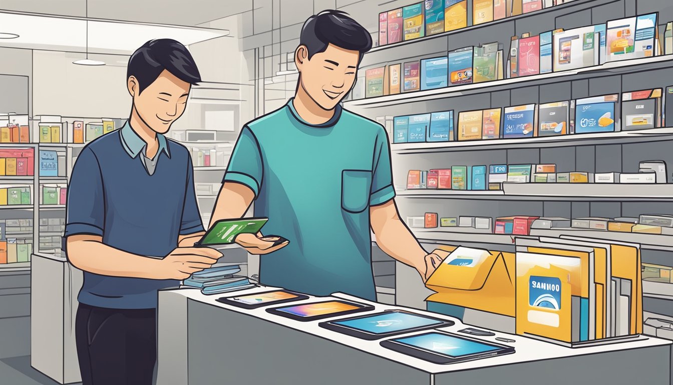A customer swipes their credit card to buy a Samsung tablet at a Singapore store