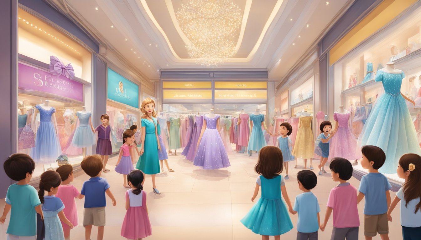 A crowded shopping mall with a display of Elsa dresses in a boutique window, surrounded by excited children and their parents in Singapore