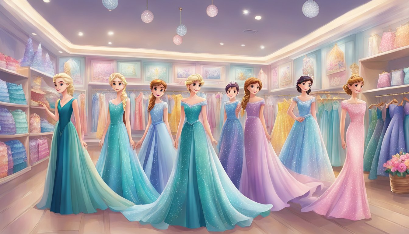 A colorful display of Elsa dresses in a Singapore shop, with sparkly fabrics and intricate designs, surrounded by happy customers browsing the selection