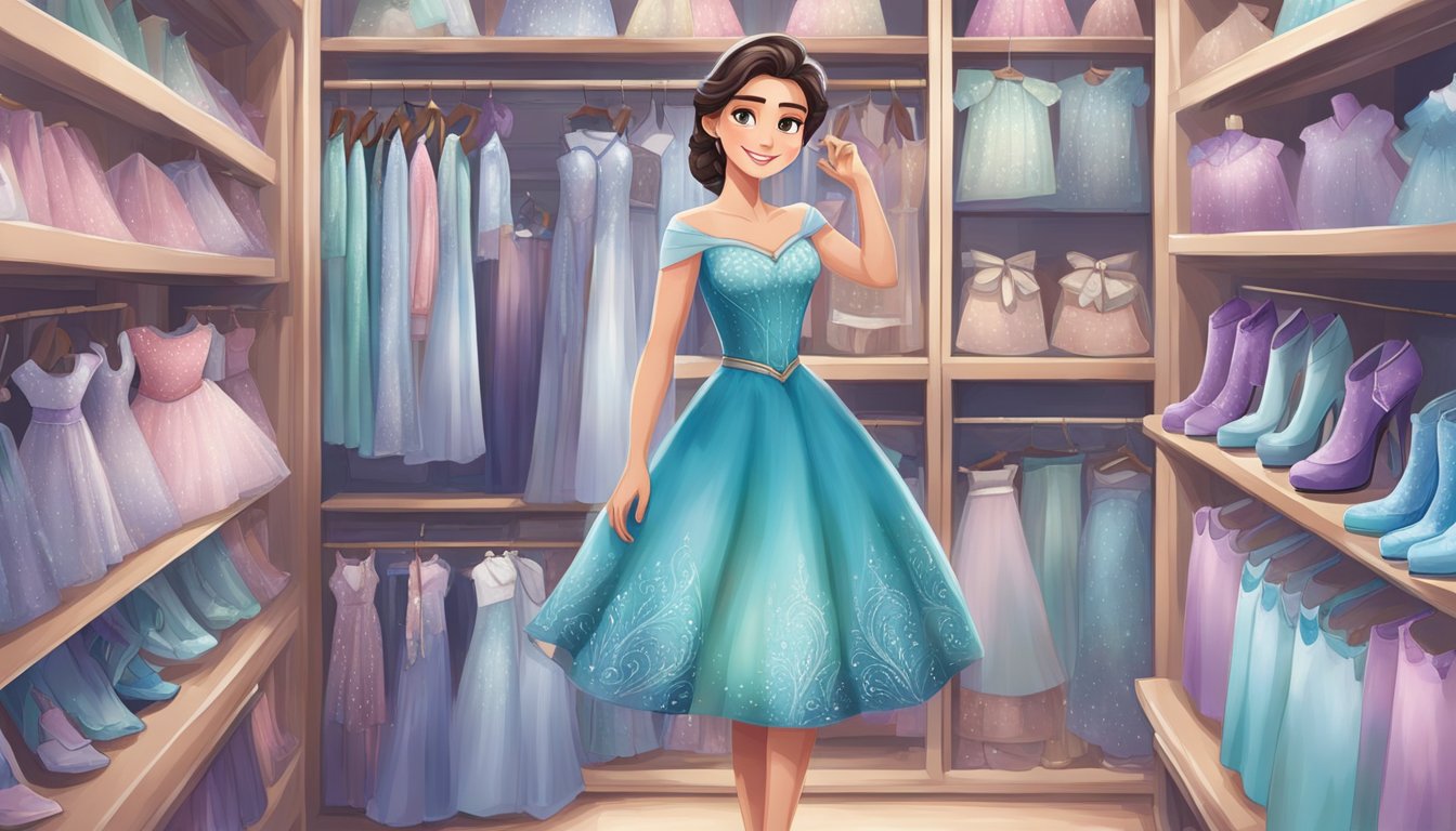 A girl's hand holds an Elsa dress in a Singapore store, surrounded by shelves of accessories and costumes