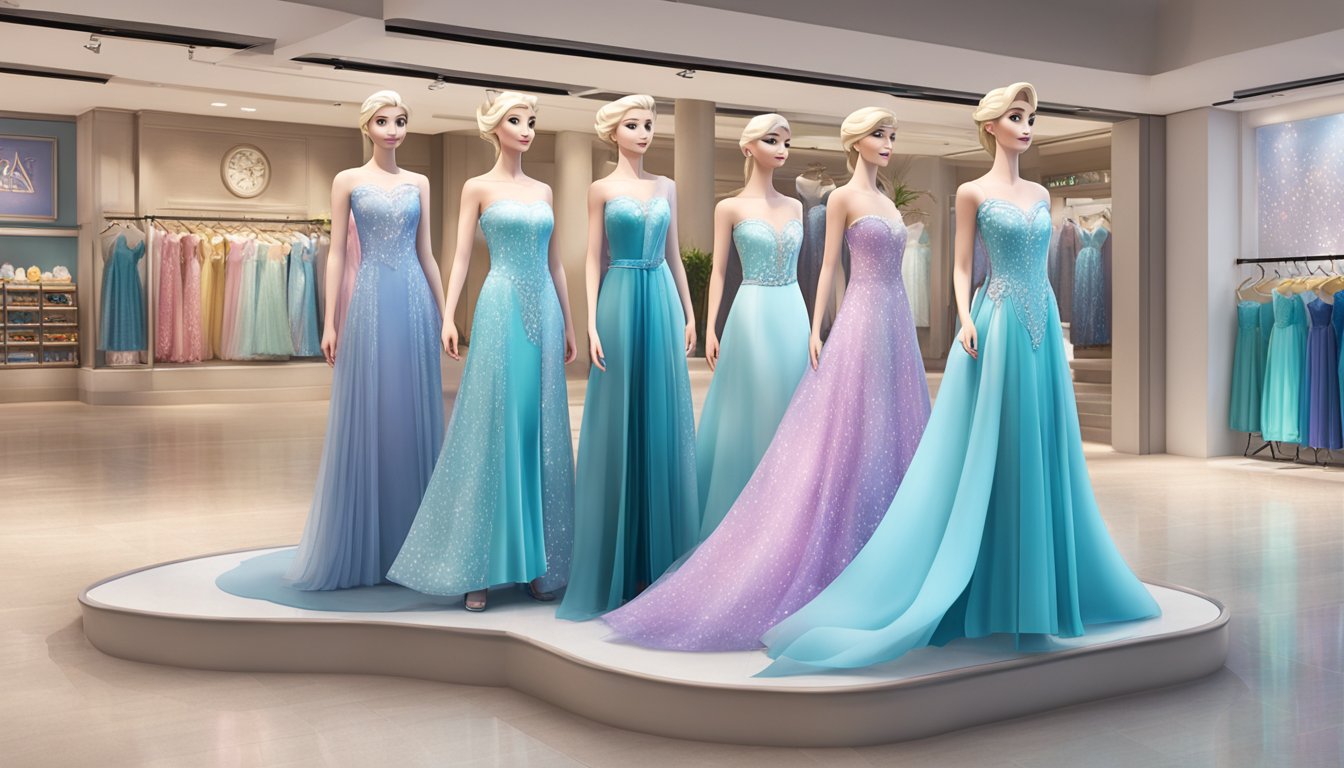 A store display featuring various Elsa dresses in a Singapore shopping mall