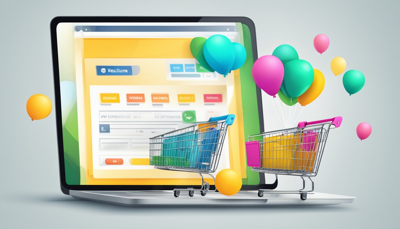 A computer screen with a website open, showing a "buy helium online" button and a shopping cart icon