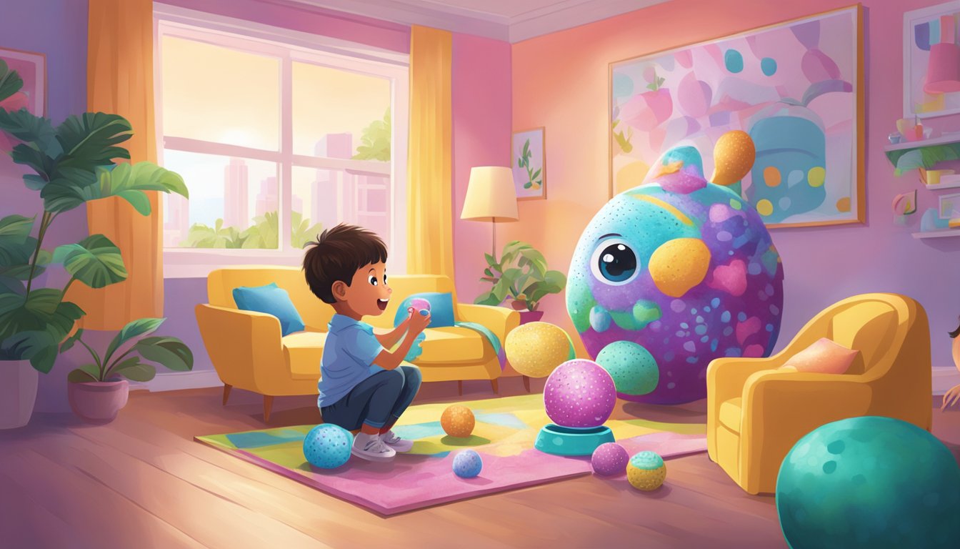 A child excitedly unwraps a Hatchimals toy in a colorful Singaporean living room