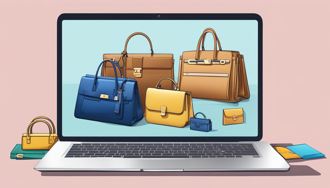 A laptop displaying a variety of pre-owned designer bags on a website, with price tags and discount offers highlighted