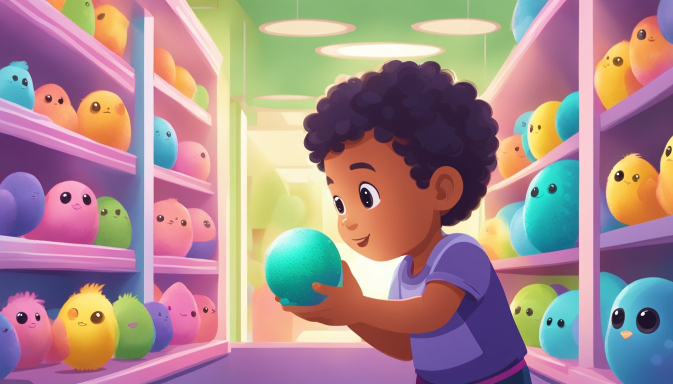 A child carefully selects a Hatchimal from a shelf in a brightly lit toy store