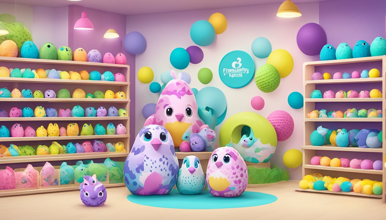 Colorful Hatchimals toys displayed on shelves with a "Frequently Asked Questions" sign in a Singaporean toy store