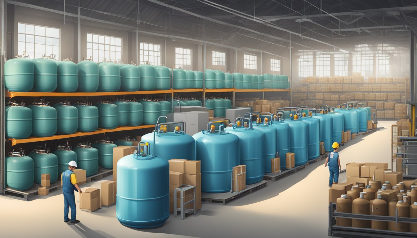 A warehouse with rows of helium tanks, workers inspecting cylinders, and a computer station for online orders