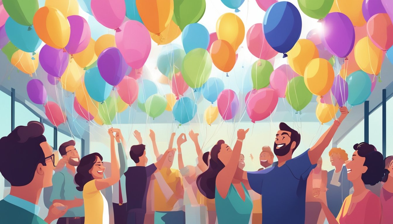 A group of colorful helium balloons floating above a party, with people laughing and chatting in the background